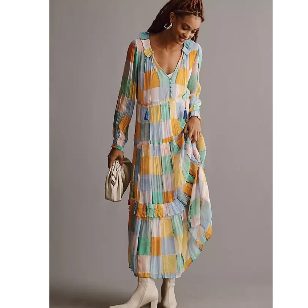 Anthropologie Yukiko Noritake Marais Printed Chiffon Maxi Dress Patchwork S SP